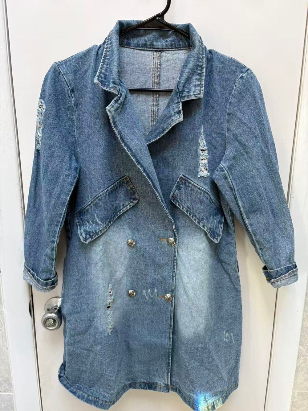Women Distressed Denim Trench Coat Double Breasted Mid-Length Jacket Size Small